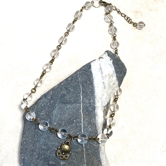 Genuine Clear Quartz Short Necklace, Cute Bronze Fortune Cat + Natural Gemstone - Picture 6 of 16